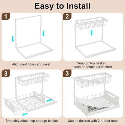 Under Sink Organizer Pull Out Kitchen Sink Organizer, 2 Tier L-Shape Bathroom Organizers and Storage with Sliding Drawer for Kitchen Bathroom Pantry (White, 1 Pack)