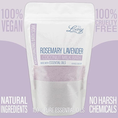 Luxiny Vegan Milk Bath Soak Made with Moisturizing Coconut Milk Powder, Essential Oil, & Sweet Almond Oil for a Bath Bomb Dust Soothing Fizz & Relaxing Soak, 8 oz. (Rosemary Lavender)