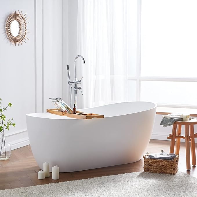 Cpingao Stone Resin Solid Surface 55" Oval Freestanding Bathtub, Modern Stand Alone Soaking Tub with Overflow and Pop Up Drain, One-Piece Molding Matte White 8828-1400