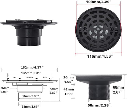 RANDOM Round Shower Drain Kit Matte Black with Adjustable Base Flange,4 Inch Shower Drain Cover with Threaded Adapter,Removable Invisible Look 304 Stainless Steel