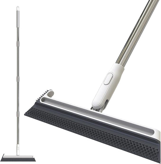Squeegee Broom for Floor, Floor Squeegee for Concrete and Tile Cleaning, Floor Scrubber with Long Handle for Bathroom, Kitchen, Shower, Tile, Pet Hair, Fur, Foam Cleaning