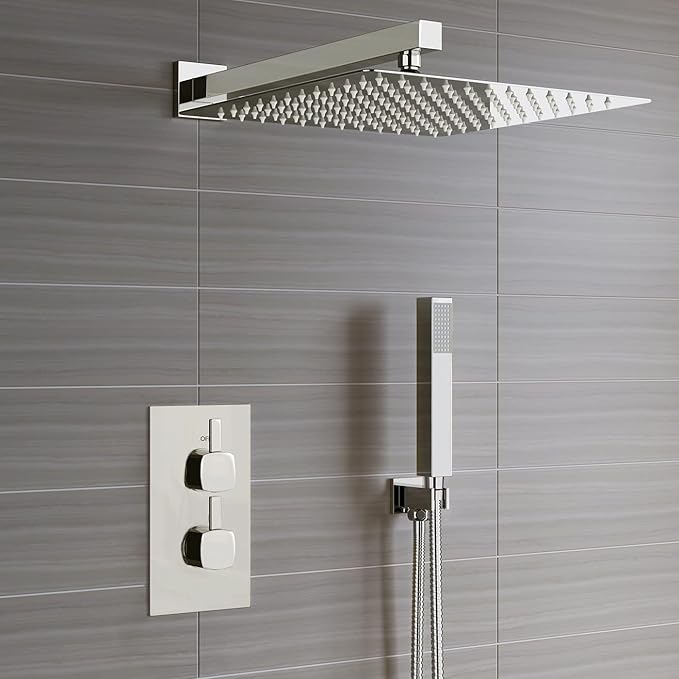 Voolan 16" Square Shower Arm with Flange and Teflon Tape, Extension Shower Head Arm for Bathroom Fixed Shower Head, Solid Stainless Steel, Wall Mounted (Brushed Nickel)