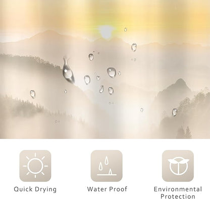 Riyidecor Misty Mountain Shower Curtain 72Wx72H Inch Brown Sunrise Nature Scenery Foggy Pine Tree Woodland Modern Natural Landscape Men Cool Bathroom Decor Fabric Polyester Waterproof 12 Pack Hooks