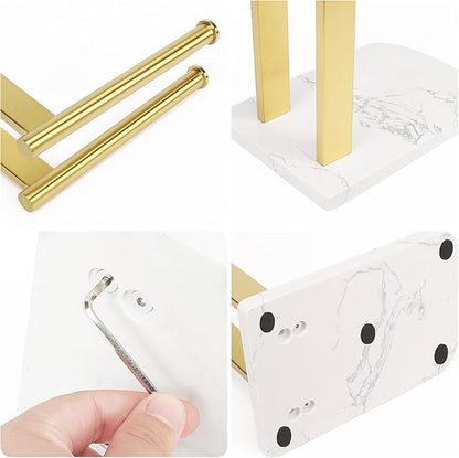 NearMoon Hand Towel Holder with Balanced Marble Base, SUS304 Stainless Steel Stand Towel Ring L Shape Hand Towel Rack Free-Standing Towel Bar for Bathroom Kitchen Countertop (Double Rod, Brushed Gold)