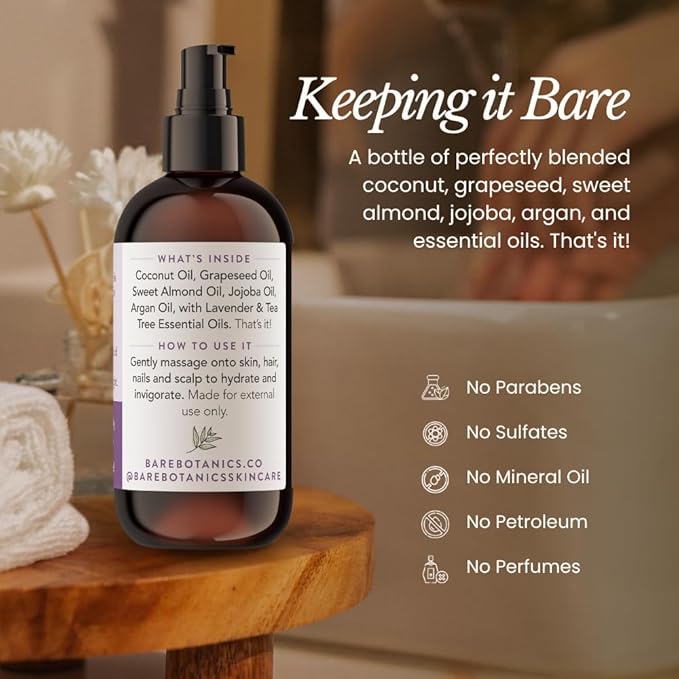 BARE BOTANICS 8 oz Moisturizing Lavender Tea Tree Body Oil - 100% Pure & Natural for Skin & Nails - Perfect for Moisturization - Vegan, Cruelty Free & Naturally Scented Hair Oil
