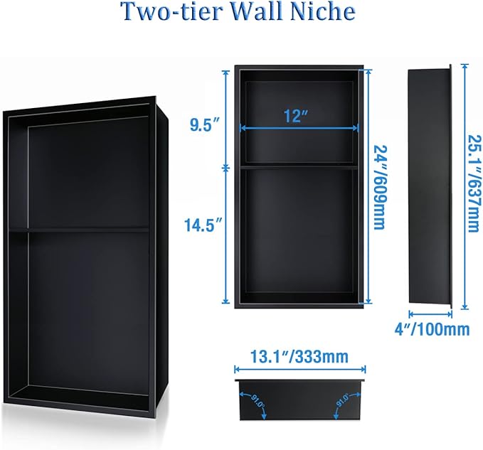 Neodrain No Tile Shower Niche, Stainless Steel Wall Cabinet 25.1"X13.1"(Inner Size 24"X12"), Two-Tier Bathroom Shelf, NO Tile Needed Recessed Niche Shower for Bathroom Storage, Matte Black