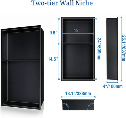 Neodrain No Tile Shower Niche, Stainless Steel Wall Cabinet 25.1"X13.1"(Inner Size 24"X12"), Two-Tier Bathroom Shelf, NO Tile Needed Recessed Niche Shower for Bathroom Storage, Matte Black
