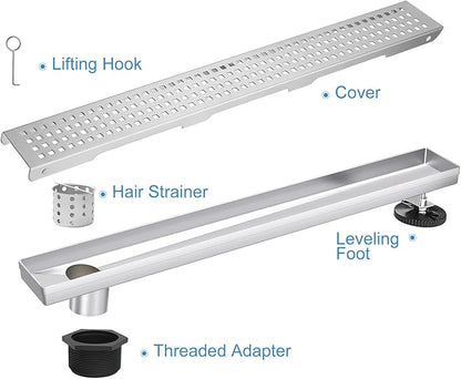 Offset Linear Shower Drain, Shower Drain 32 inch with Removable Grate Cover, Professional AISI 304 Stainless Steel Side Outlet Shower Floor Drain with Hair Catcher and Leveling Feet