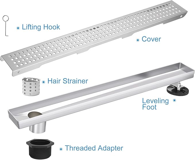 Offset Linear Shower Drain, Shower Drain 24 inch with Removable Grate Cover, Professional AISI 304 Stainless Steel Side Outlet Shower Floor Drain with Hair Catcher and Leveling Feet