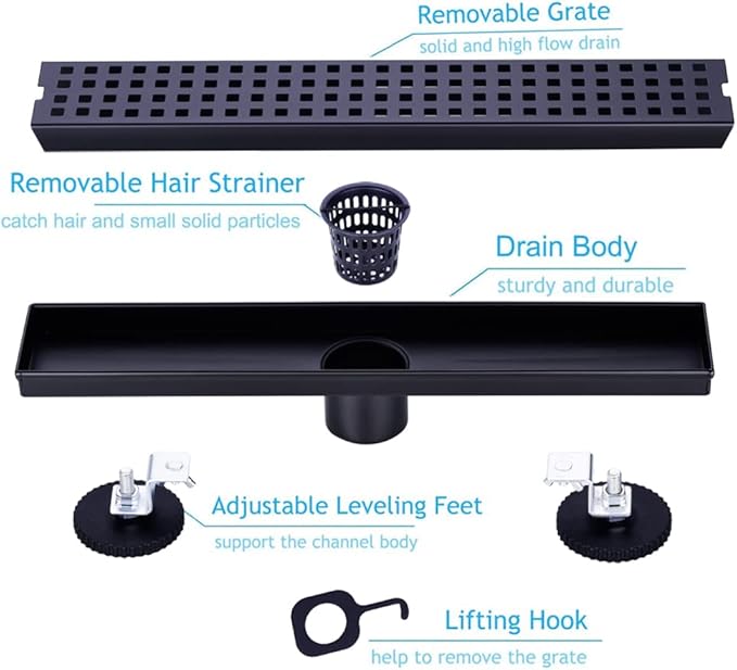 16 Inch Linear Bathroom Shower Rectangular Floor Drain,New Type with Removable Cover Grid Grate, Adjustable Leveling Feet Hair Strainer, SUS304 Stainless Steel,Black