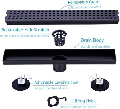16 Inch Linear Bathroom Shower Rectangular Floor Drain,New Type with Removable Cover Grid Grate, Adjustable Leveling Feet Hair Strainer, SUS304 Stainless Steel,Black