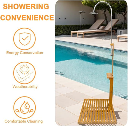 Outdoor Shower Kit Portable Wood Outdoor Garden Pool Shower with Chassis Board for Outdoor Backyard Poolside Beach Pool Spa,Wood