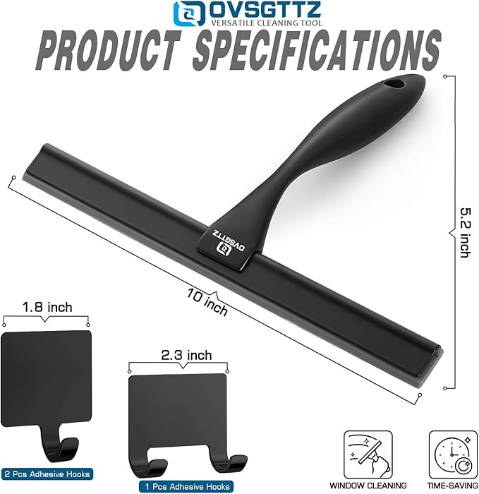 Shower Squeegee for Glass Door with 3 Adhesive Hook, Household Window & Stainless Steel Glass Cleaning Squeegee for Bathroom, Mirrors, Tiles and Car, 10 Inches, Clear, Black