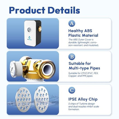Upgraded Salt Free Water Descaler with Pressure Gauge丨26.4GPM Whole House Water Softener System丨1-Inch NPT Water Heater Descaler丨Prevent Scale Built Up On Water Heaters丨10-Year Durability