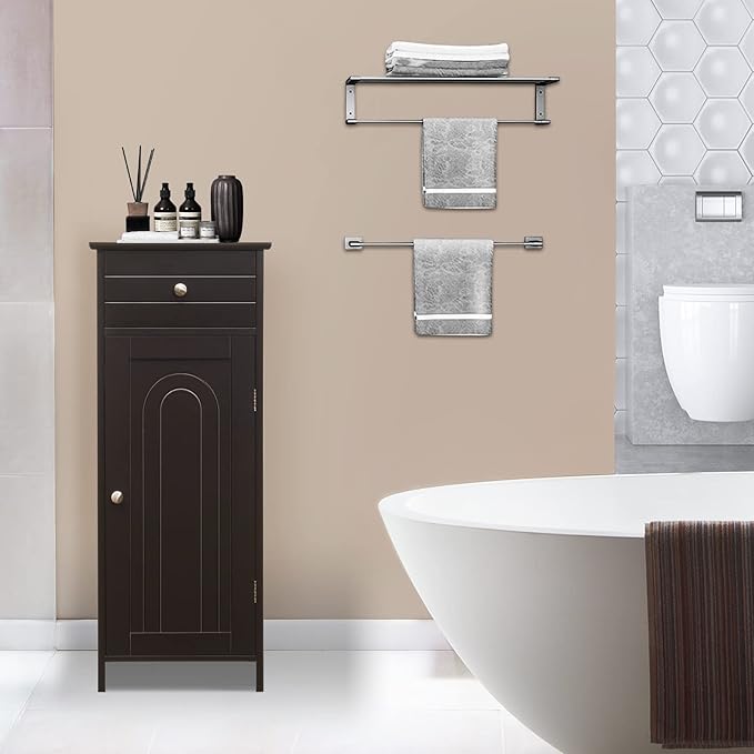 COSTWAY Bathroom Storage Cabinet, Single Door Floor Cabinet with Drawer and 3-Level Adjustable Shelves, Modern Side Storage Organizer with Anti-Tipping Device for Living Room, Bedroom (Brown)