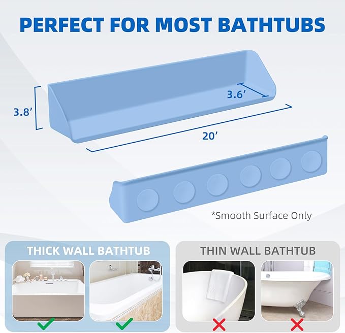 Splash Guard for Bathtub, 3.8" x 3.6" Silicone Bath Tub Splash Guard with 6 Suction Cups, Bathtub SplashGuard Play Shelf Area for Kids with 3°Drainage Slope for Faster Drying - Blue