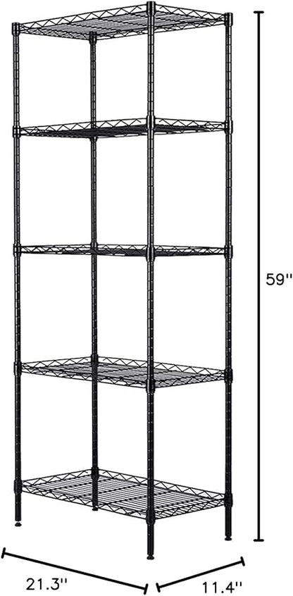 BNSPLY 5 Tier Wire Shelving Unit, Adjustable Wire Rack Shelving, Changeable Metal Wire Storage Shelves for Kitchen, Laundry, Bathroom, Balcony, Pantry (11.4" D x 21.3" W x 59" H, Black)