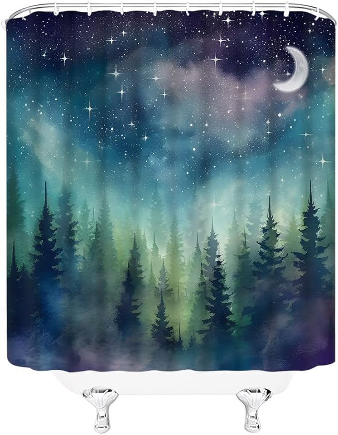 Forest Moon Shower Curtain Watercolor Misty Forest Fantasy Starry Sky Galaxy Nature Gothic Scenery Abstract Outdoor Bathroom Decor Curtains with Hooks, Purple