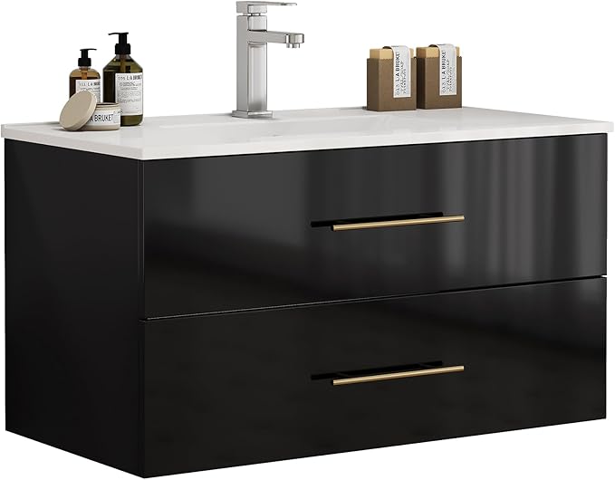 36" Wall Mounted Bathroom Vanity with Sink, High Gloss Black Floating Cabinet, Modern Gold Handles, 2 Soft Close Drawers, Integrated Ceramic Top for Powder Room