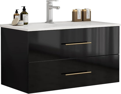 36" Wall Mounted Bathroom Vanity with Sink, High Gloss Black Floating Cabinet, Modern Gold Handles, 2 Soft Close Drawers, Integrated Ceramic Top for Powder Room