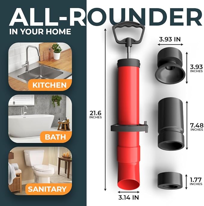 Drain Blaster with 3 Attachments [68oz Volume] - High Pressure Air Plunger For Fast And Effective Drain Unglogging - Plunge Blaster For Toilets, Sinks, Bathtubs & Showers!