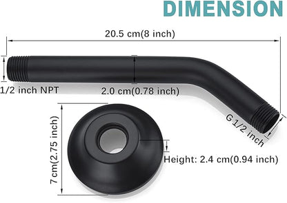 BESTILL Wall Mounted 8 Inch Shower Head Arm, Shower Arm and Flange Included, Matte Black