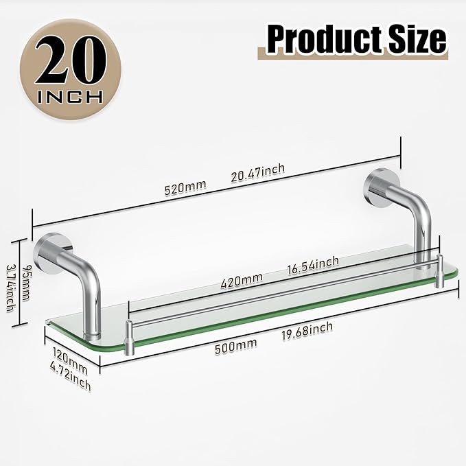Floating Glass Shelves for Bathroom with Towel Bar Chrome Bending Style, 20 Inch Tempered Glass Shelf for Wall Shelf Sink Over Toilet