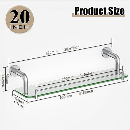 Floating Glass Shelves for Bathroom with Towel Bar Chrome Bending Style, 20 Inch Tempered Glass Shelf for Wall Shelf Sink Over Toilet