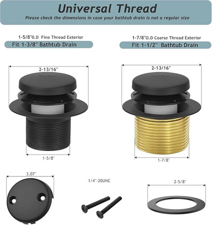 Tip-Toe Bathtub Drain Kit with Two-Hole Overflow Plate, Premium Quality Bath Tub Drain Replacement, Universal Fine/Coarse Thread Bathtub Stopper (Matte Black)