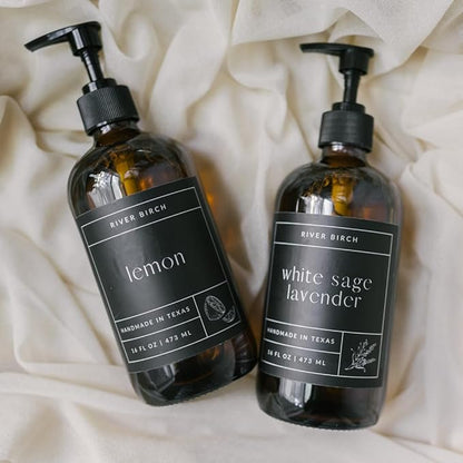 River Birch Lemon Scented Natural Hand Soap - Handmade Soap - Moisturizing Hand Wash with Amber Glass Dispenser - Luxury Scented Hydrating Hand Soap - Vegan and Non-Toxic - 16 Fl Oz