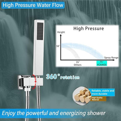 Shower Faucet Set Complete, Wall Mount Shower System for Bathroom 12 Inch High-Pressure Rainfall Shower with Handheld, Rough-in Valve Body and Trim Kit, Polished Chrome