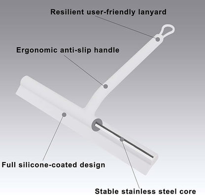 Squeegee for Shower Glass Doors, Resilient Loop - No-Drill & Adhesive Hook, Silicone Shower Squeegee with Stainless Steel Core, Cleaning Tool for Home, Kitchen, Bathroom & Car - White