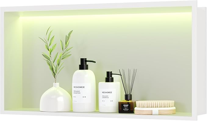 White Stainless Steel Shower Niche 24x12Inch, Dimmable RGB Led Light Wall Niche, No Tile Needed Recessed Niches for Bathroom Storage Built-in Installation
