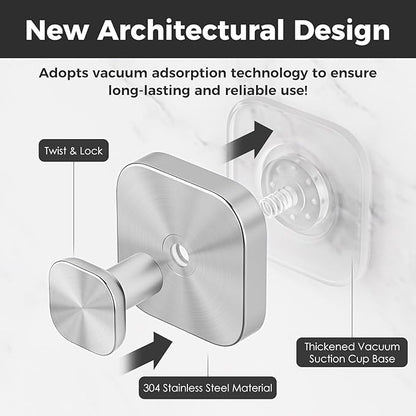Shower Hooks for Inside Shower,Reusable Suction Cup Hooks for Glass Window,Mirror,Removable Towel Hooks for Bathroom,2 Pack(Silver)