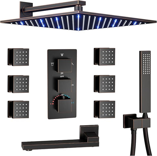 Thermostatic Shower System Oil Rubbed Bronze Tub Shower Faucet Set with Tub Spout and 12 Inch Wall Mounted LED Rainfall Full Body Shower Head, 6 PCS Body Jets, Handheld Shower