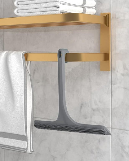 2-in-1 Silicone Shower Squeegee with Hook,Dual-Sided Design with Scraper & Scrub Surface,Rust-Proof Stainless Core,Streak-Free Bathroom Squeegee for Glass Doors,Mirrors,Windows,Car Windshields (Gray)