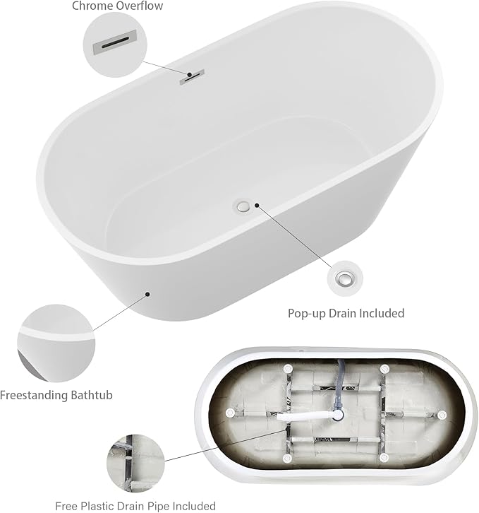 Logmey 59" Acrylic Freestanding Bathtub White Oval Shape Soaking Tub with Chrome Drain & Overflow Assembly for Classic Modern Bathrooms