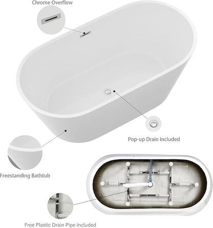 Logmey 59" Acrylic Freestanding Bathtub White Oval Shape Soaking Tub with Chrome Drain & Overflow Assembly for Classic Modern Bathrooms