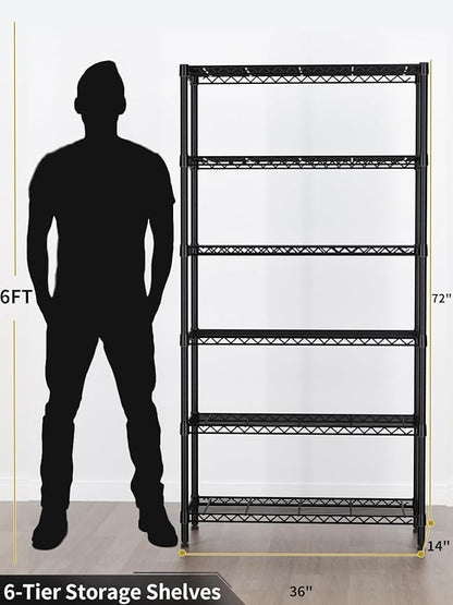 6 Tier Adjustable Storage Shelves,Heavy Duty Metal Utility Shelf 1500LBS Capacity Wire Shelving Unit Organizer Rack for Home Kitchen Pantry Room 14" D x 36" W x 72" H Black