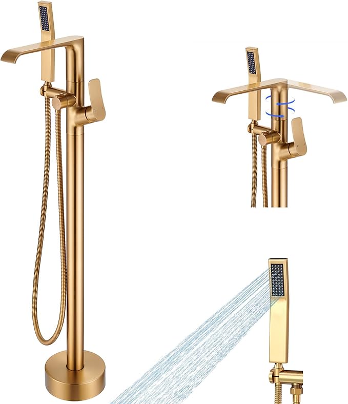 Floor Mount Tub Faucet Gold: Freestanding Bathtub Faucet with Handheld Spray Head - Gold Tub Filler Shower Faucet Set 360 Degree Swivel Waterfall Spout - Beelee