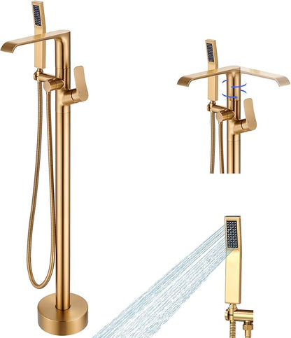 Floor Mount Tub Faucet Gold: Freestanding Bathtub Faucet with Handheld Spray Head - Gold Tub Filler Shower Faucet Set 360 Degree Swivel Waterfall Spout - Beelee