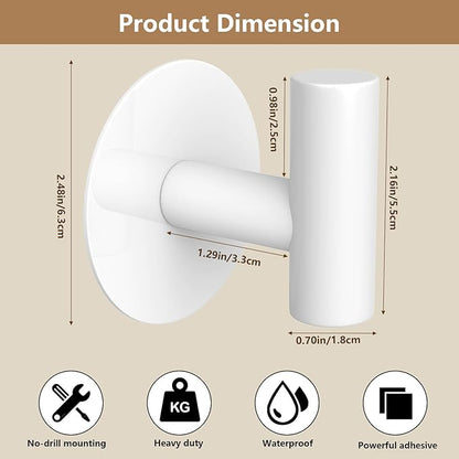Heavy Duty White Towel Hooks, Stainless Steel Adhesive Coat Hooks for Bags, Towels, Robes, Hats, Aprons – No Drill Bathroom, Kitchen, Hotel Wall Hooks (2 Pack)