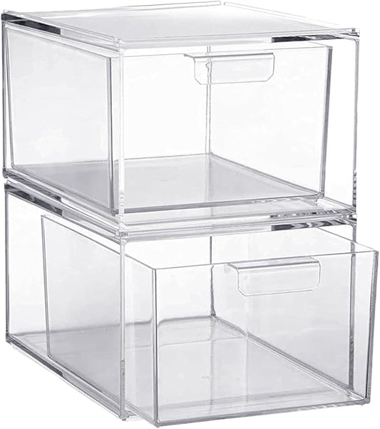 Clear Stackable Storage Drawers,2 Pack Acrylic Drawers Desk Organizers Makeup Organizer for Vanity, Bathroom,Cabinet,Desk Organization