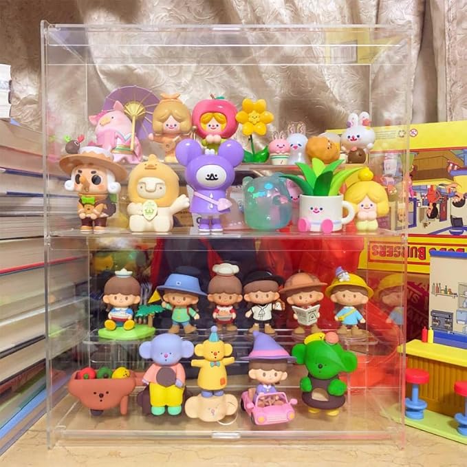 Choowin 2 Layer Clear Acrylic Display Case for Collectibles, Mini Figures, Pop Mart, Labubu, Sonny Angel, Smiski - Assemble Dustproof Acrylic Display Box with Door, Stand (12x4.9x14.4 inch)
