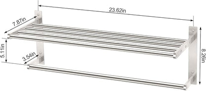 Towel Racks for Bathroom, 2 Tier Bathroom Shelf with Towel Bar, 24 Inch Stainless Steel Towel Rack Wall Mounted, Bathroom Towel Storage Hotel Towel Rack with Shelf, Brushed Nickel