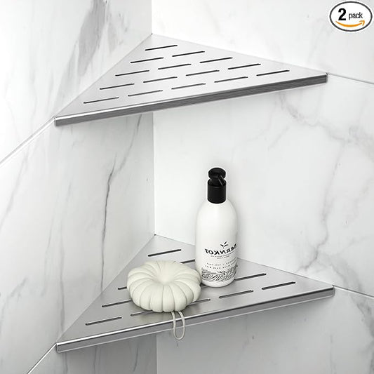 10'' Corner Shower Shelf 2PCS, 304 Stainless Steel Grout in Shelves for Tiled Wall, Recessed Bathroom Shelves, No Drilling Needed (10'', Silver)