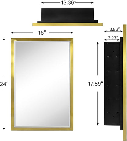 TEHOME Gold Metal Framed Recessed Bathroom Medicine Cabinet with Mirror Rectangle Tilting Beveled Vanity Mirrors for Wall 16 x 24 inches