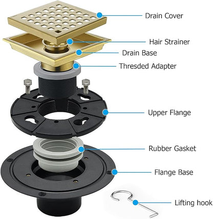 4 Inch Square Shower Floor Drain with Flange,Quadrato Pattern Grate Removable,Food-Grade SUS 304 Stainless Steel,Brushed Gold