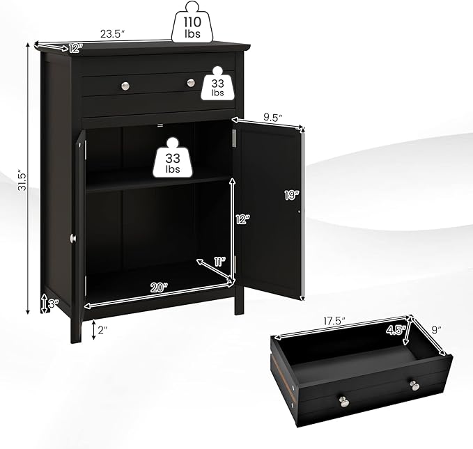 COSTWAY Bathroom Floor Cabinet, Wooden Side Storage Organizer w/Larger Drawer, Adjustable Shelf & 2-Door Cupboard, Freestanding Storage Cabinet for Living Room, Kitchen, Entryway (Black)
