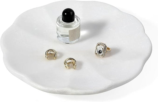 Koville Marble Tray, 8" Round Marble Vanity Tray for Jewelry Trinket Perfume, Natural Stone Tray for Bathroom Kitchen Dresser Countertop, Scalloped Decorative Tray for Home Table Decor(White)